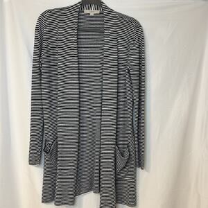 LOFT Cardigan Size Med Navy White Striped Long Open Front Pockets Linen Blend